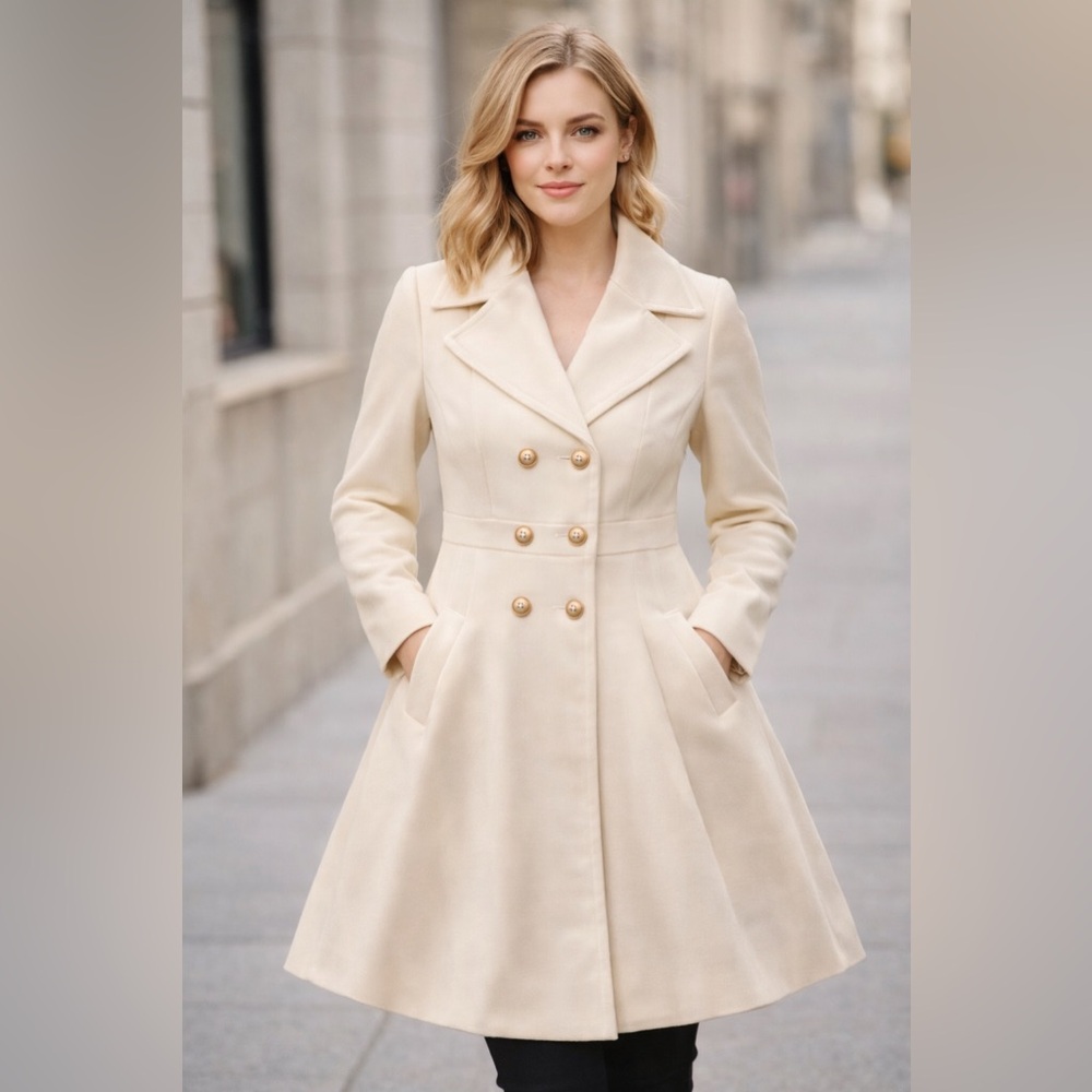 Ivory Double Breasted Button Collared Women's Mid-Length Trench Coat Size M
